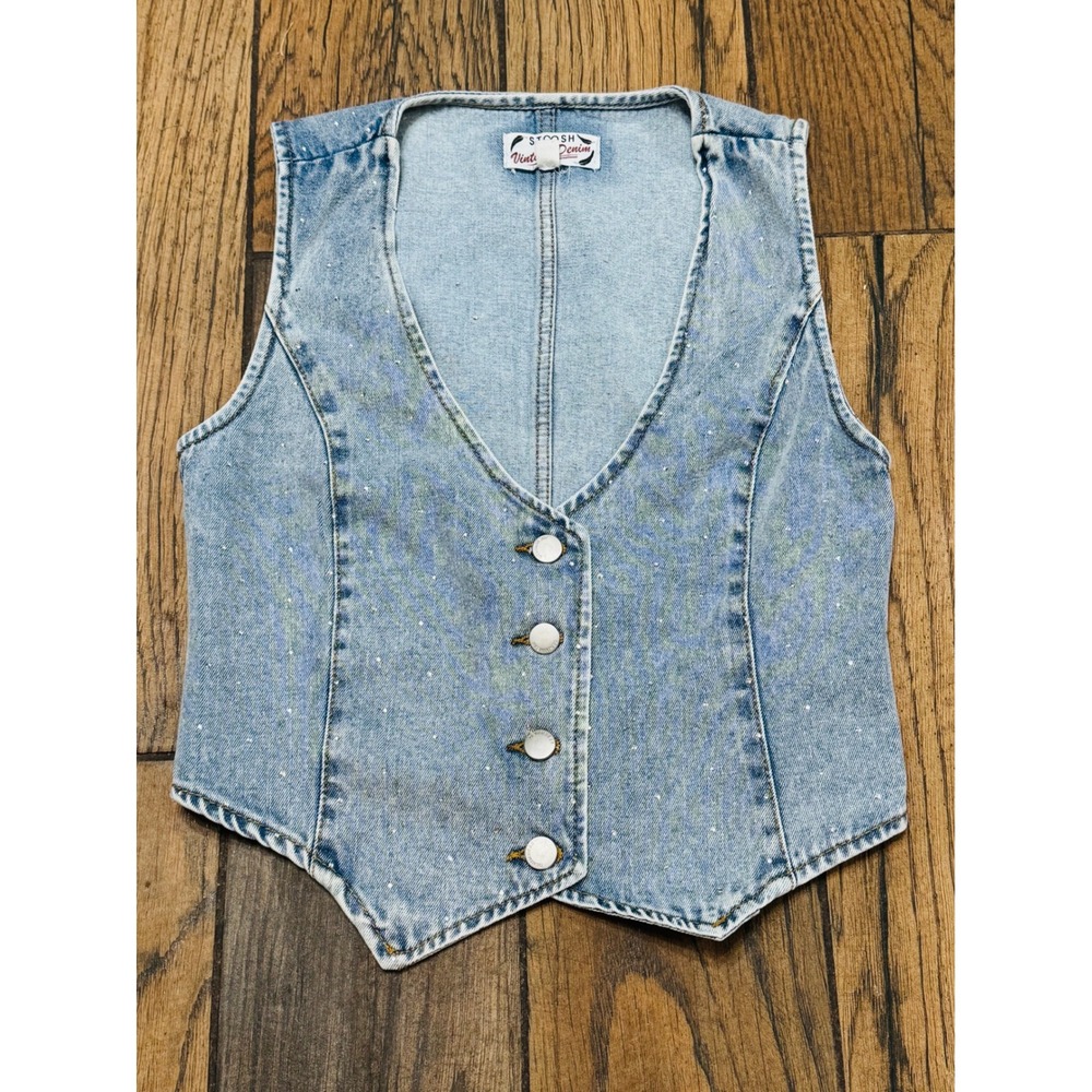Stoosh Vintage Denim Light Wash Rhinestone Cropped Vest 55500 Womens Medium